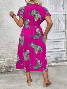 EMERY ROSE 大碼女士夏季蝙蝠短袖休閒老虎印花襯衫連身裙 - 玫紅色 - 查看 2