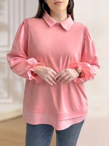 SHEIN Unity Plus Size Women Summer Solid Color Turn-Down Collar Short Bubble Sleeve Loose T-Shirt
