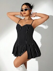 SHEIN ICON Plus Size Ladies Plunge Neckline Backless Cross Straps Waist-Tie Pleated Dress With High Front Slit