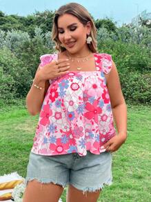 Flirla Maglietta estiva con maniche corte e stampa floreale per donne taglie comode, decorata con fiocco dietro