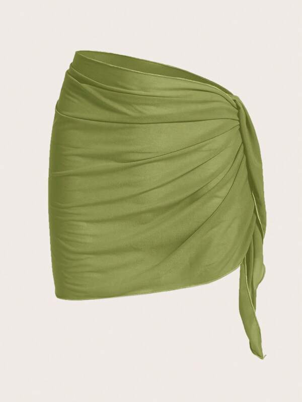 Swim Chiccia Ladies Solid Color Simple Pleated Cover Up,Summer Beach