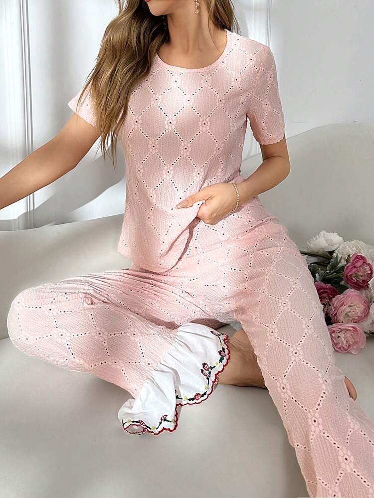 Hollow Out Embroidered Lace Jacquard Round Neck Short Sleeve Top And Pants Pajama Set
