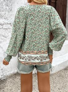 SHEIN VCAY 女士假日花卉印花系帶袖寬鬆襯衫 - 綠色 - 查看 2