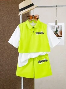 Tween-Jungen 3-teiliges Set mit lässigem, kurzärmligem T-Shirt im koreanischen Urlaubsstil, Tanktop mit Kragen und Shorts Einfarbig, Strick-Outfits