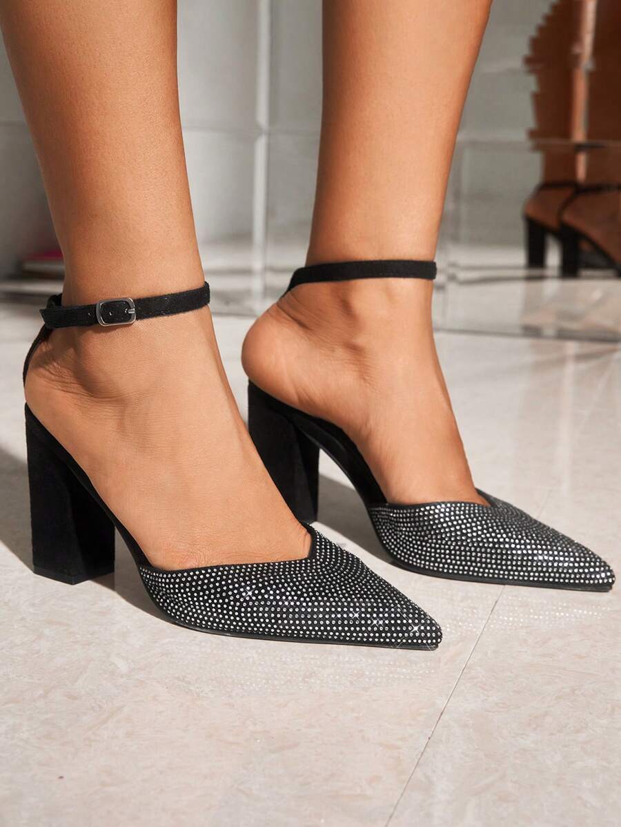 女士尖头全水钻踝带粗跟高跟鞋