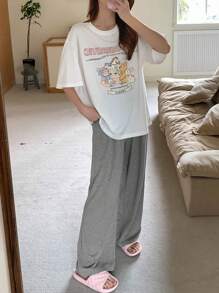 DAZY 女士可爱卡通印花圆领短袖T恤和阔腿裤宽松家居服套装睡衣