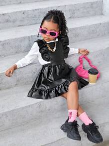 SHEIN Explorewe Young Girl PU Ruffle Trim Overall Dress