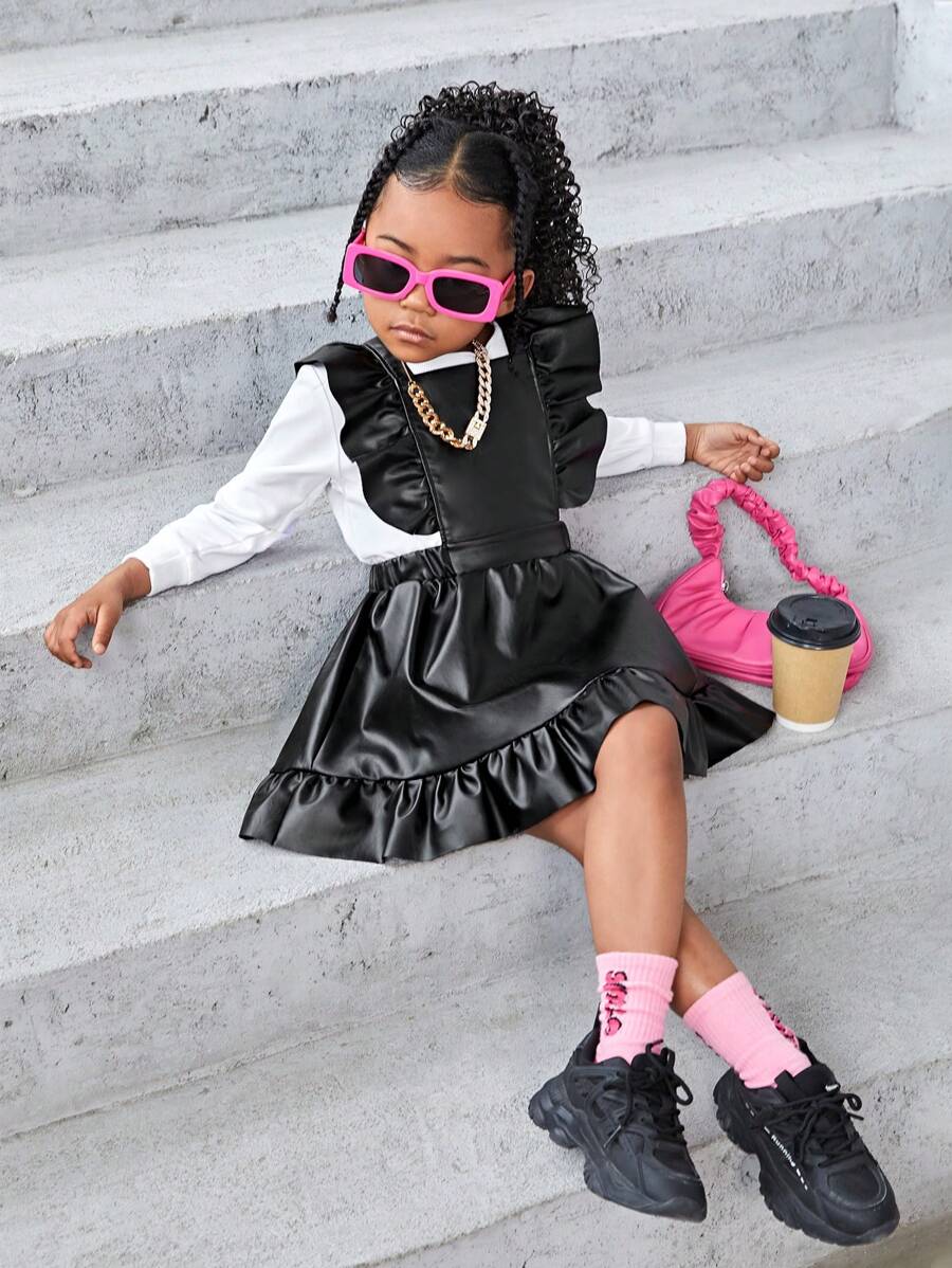 SHEIN Explorewe Young Girl PU Ruffle Trim Overall Dress