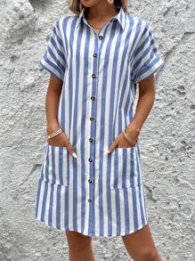 EMERY ROSE 可追溯棉質藍白條紋襯衫連衣裙（女裝）