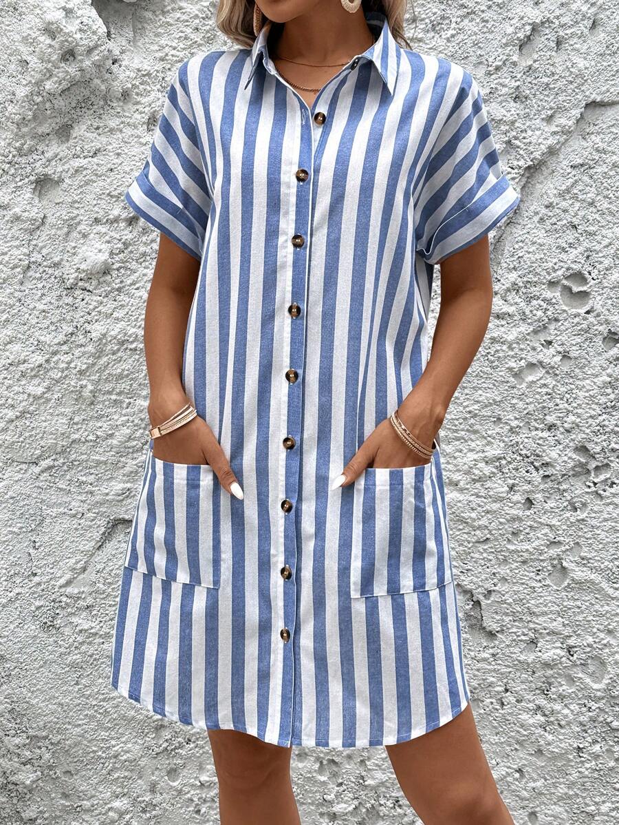 EMERY ROSE 可追溯棉質藍白條紋襯衫連衣裙（女裝）