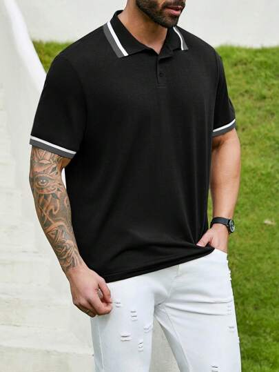 SHEIN Manfinity Homme 男士大码拼色宽松短袖休闲 Polo 衫夏季男士黑色 Polo 衫男士休闲 Polo 衫男士 Polo 衫>短袖男士 Polo 衫>针织