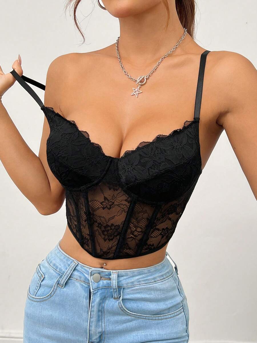 SHEIN PETITE Lace Cami Black Corset Top - Black - View 1