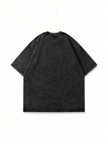 Men's Summer Letter Printed Round Neck Oversized Drop Shoulder Casual Vintage T-Shirt - Black - View 3
