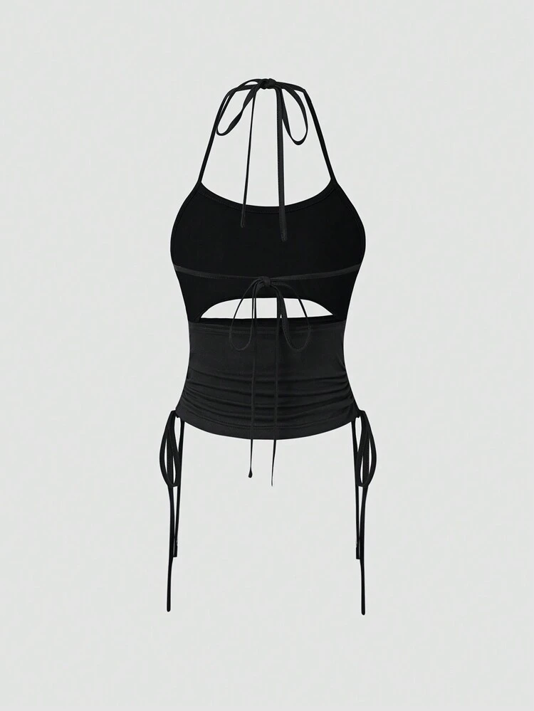 Women's Solid Color Waist Cutout Side Drawstring Fashionable Halter Neck Tank Top