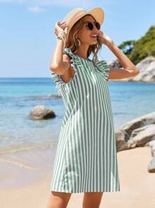 SHEIN VCAY Kỳ nghỉ Phụ nữ mùa hè sọc cổ tròn tay áo thẳng trang phục thường ngày - Nhiều màu - Xem 4