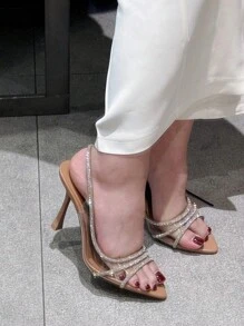 女士新款夏季鞋，自然色缀饰高跟凉鞋，尖头透明高跟凉鞋 - 杏色 - 查看 2