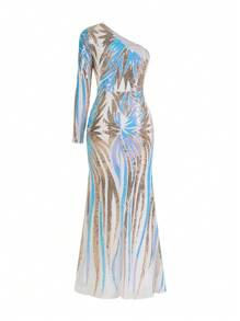 SHEIN Belle 华丽优雅高贵定位亮片蓝色细闪粉拼接网眼单肩长袖透视细节下摆拼接网眼鱼尾形重工宴会礼服女士编码晚礼服适合华丽的晚会、鸡尾酒会、婚礼、返校季、母亲节、音乐节、毕业季、派对女士晚礼服