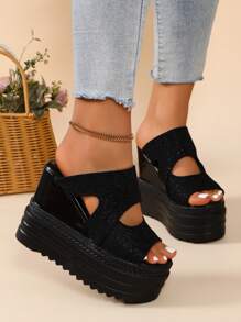 Women's Wedge Platform Sandals, 12cm Thick Soles Strap High Heel Waterproof Platform Summer Wedge Slippers, Black Open Toe Shoes