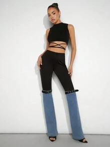 Denimoi 拼色搭扣細節牛仔長褲