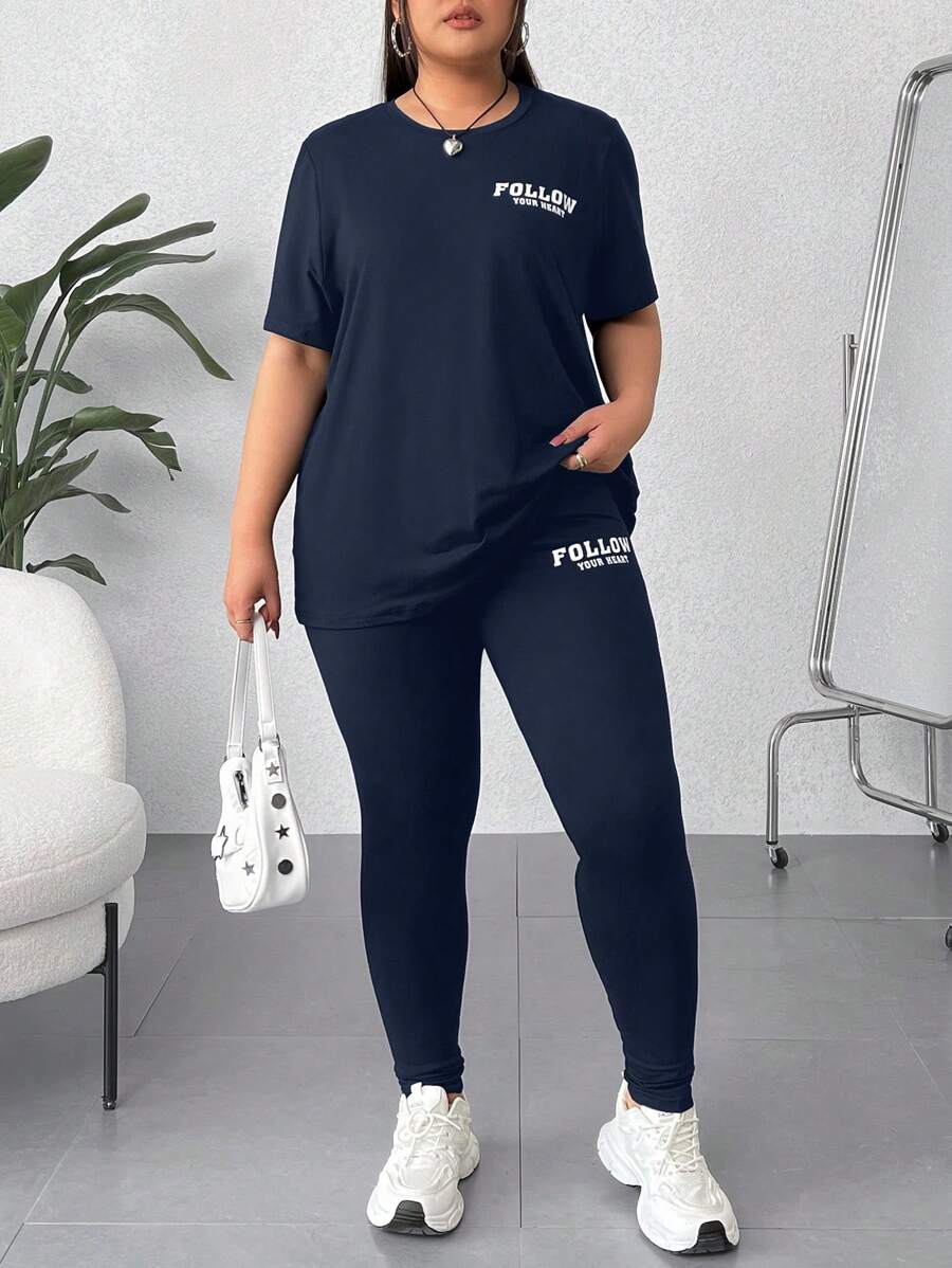 SHEIN EZwear 中大碼女士印花短袖上衣和長褲，簡約日常2件套服