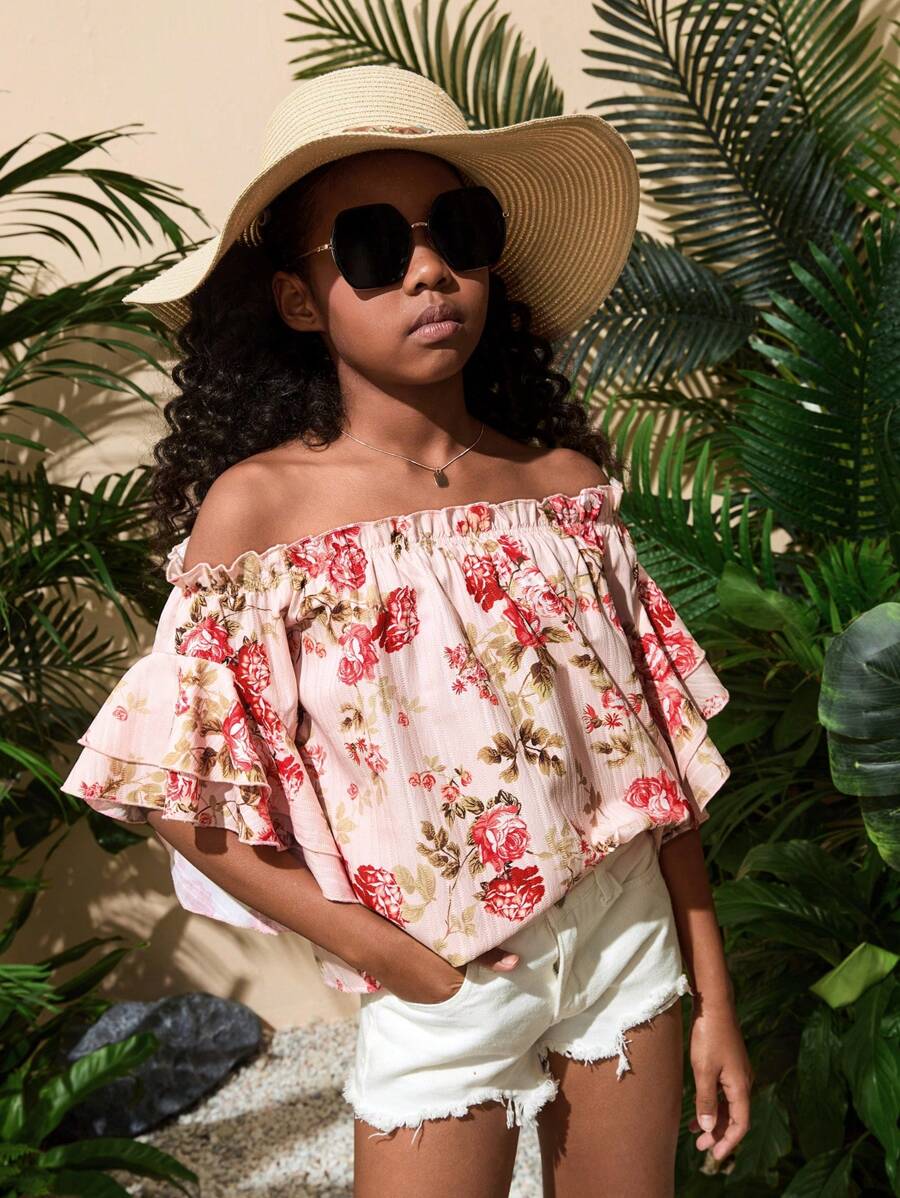 SHEIN Tween Girl Gorgeous Floral Woven Off Shoulder Short Sleeve Top ...