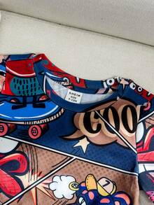 SHEIN 男嬰和女嬰休閒針織可愛卡通圖案短袖T恤和彈性腰短褲套裝，夏季適用 - 彩色 - 查看 4