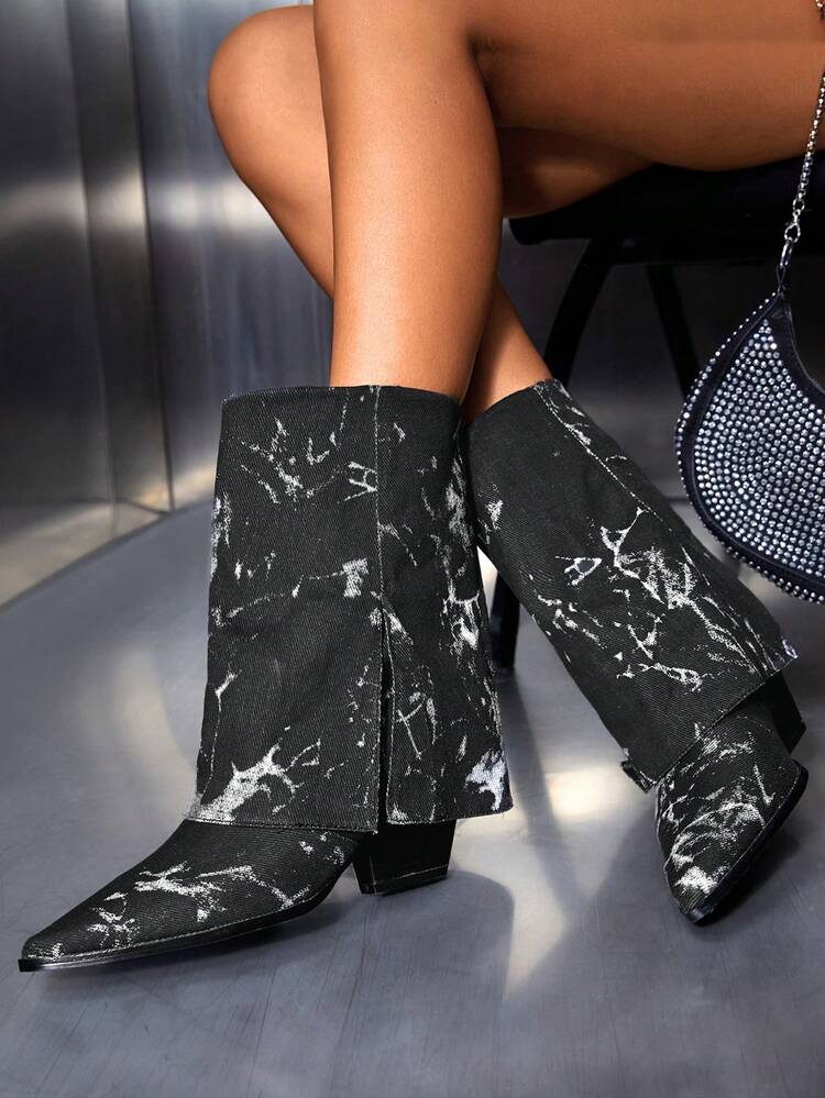 Women Tie Dye Chunky Heeled Slip-on Western Boots, Fashionable Black Denim Mid Calf Boots