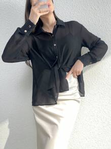 Seusyu Women's Simple Solid Color Long Sleeve Buttoned Shirt - Black - View 2