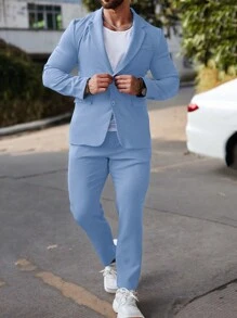 Manfinity Mode Men's Casual Solid Color Long Sleeve Jacket And Pants Suit