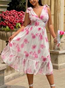 Sunnyshic Plus Size Women's Summer Vacation Shoulder Strap Floral Printed Ruffle Hem Sleeveless Elegant Dress