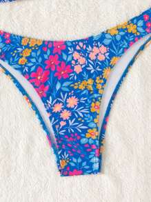 Swim Mod Women Summer Beach Random Flower Print Hollow Out Bandeau Bikini Set - Multicolor - View 7