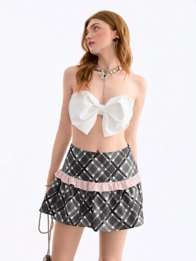 Maryam Alam 艺术家休闲版型拼色荷叶边饰边女式半身裙，节日、派对、度假、除夕夜、情人节