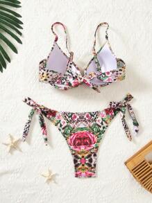 SHEIN Swim Women's Floral & Leopard Print Vacation Bikini Set With Front Tie, Sexy Two-Piece Bikini Set, Random Print,Summer Beach - Multicolor - View 7