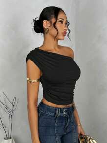 SHEIN BAE Women's Solid Color Ruched Asymmetrical Asymmetrical Neck Top For Summer - Black - View 4