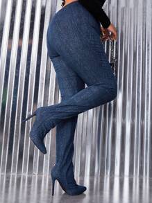 女士时尚尖头纯蓝色高跟靴配裤子情人节款 - 藍色 - 查看 1