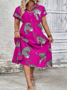 EMERY ROSE 大碼女士夏季蝙蝠短袖休閒老虎印花襯衫連身裙 - 玫紅色 - 查看 3