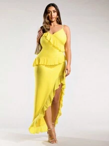 SHEIN BAE Solid Color High Slit Halter Neck Dress With Ruffle Hem - Yellow - View 4