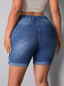 SHEIN LUNE Shorts in denim casual slim fit a vita elastica con tasche per donne taglie forti - Blu lavato medio - Visualizzare 2