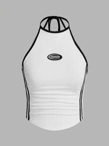 SHEIN ICON Top trasero sin espalda con cuello halter plisado con bloque de color con tela adhesiva decorativa en el borde - Blanco - Ver 3