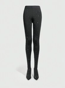 女士时尚闪亮水钻装饰裤靴套装情人节款 - 黑色 - 查看 4