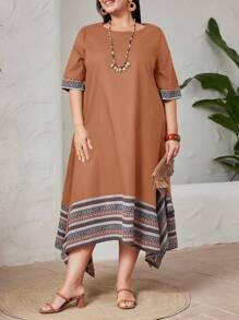 Mulvari Plus Size Nữ Phong Cách Vintage Đầm Viền Hoa Cổ Tròn In Hoa - Lạc đà - Xem 4