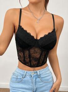 SHEIN PETITE Lace Cami Black Corset Top - Black - View 7