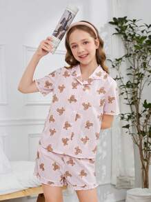 少女新品到貨，可愛的熊貓印花寬鬆短袖T恤和短褲套裝，適用於居家穿著 - 彩色 - 查看 4