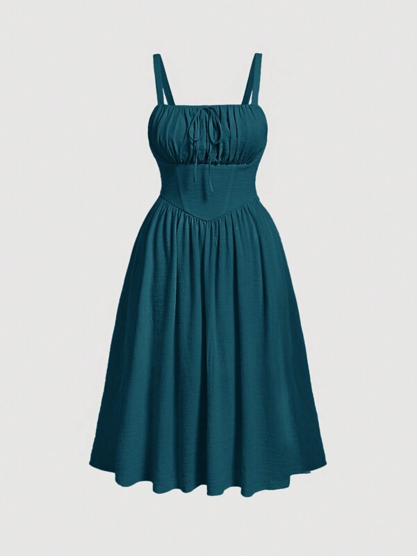 SHEIN MOD Women Plus Size Navy Blue Solid Color Front Tie Strap Long Summer Dress,Corset Dress,Birthday Dresses For Women