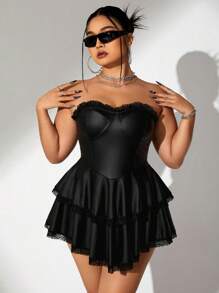 SHEIN ICON Vestido sin tirantes de verano de talla grande con encaje, capas con cordón en la cintura