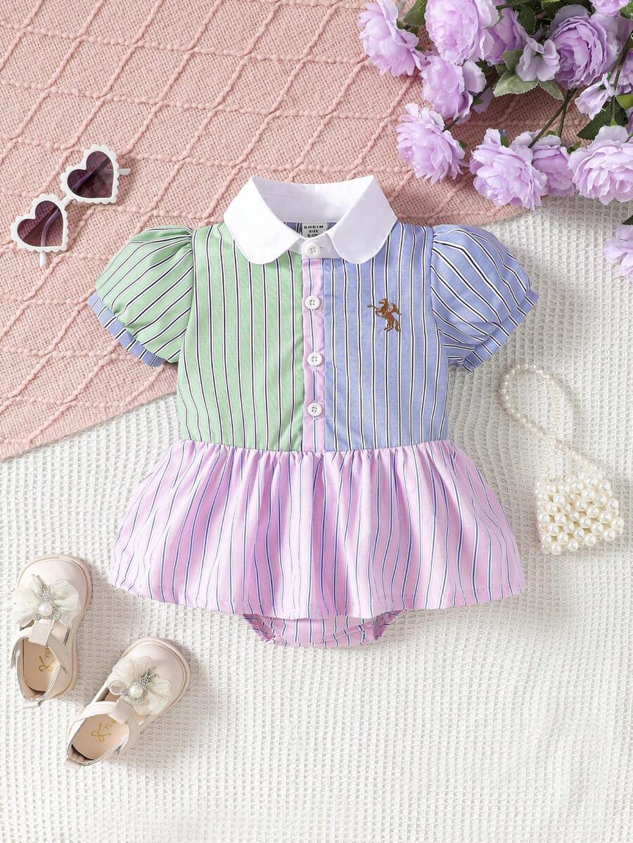SHEIN Cute And Sweet Color-Blocked Shirt Dress With Polo Collar For Baby Girl Spring And Summer Spring Baby Clothesbaby Spring Clothesbabygirl Dresslavander Dress For Baby Girl - Multicolor - View 1