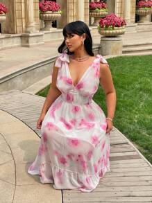Sunnyshic Plus Size Women's Summer Vacation Shoulder Strap Floral Printed Ruffle Hem Sleeveless Elegant Dress
