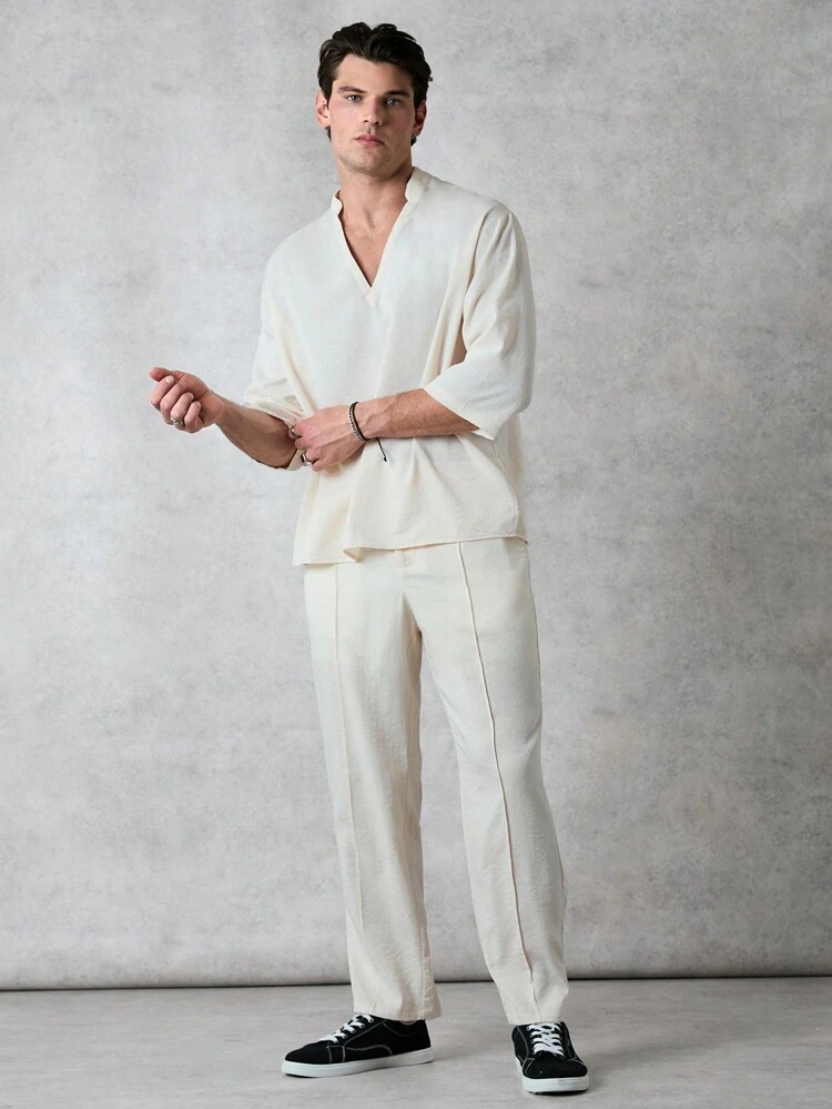 Men's Loose-Fit Half-Button Linen-Like Shirt And Pants Two-Piece Set In Apricot