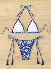 SHEIN Swim Random Printed Bikini Set For Beach Vacation,Summer Beach - Blue and White - View 4