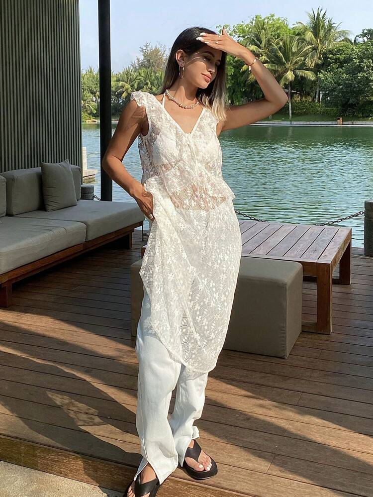 Women's Lace See-Through Long Ruffle Trim Tank Top